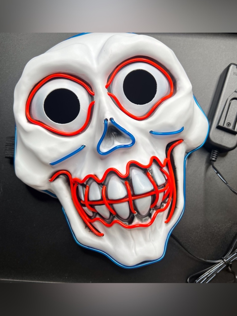 LED Neon Skull Mask in White with Red & Blue Accents